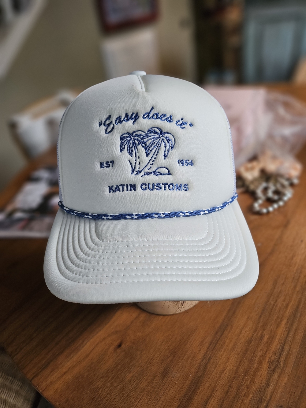 Katin White Foam Trucker Surf Hat with Blue Embroidered Palm Tree